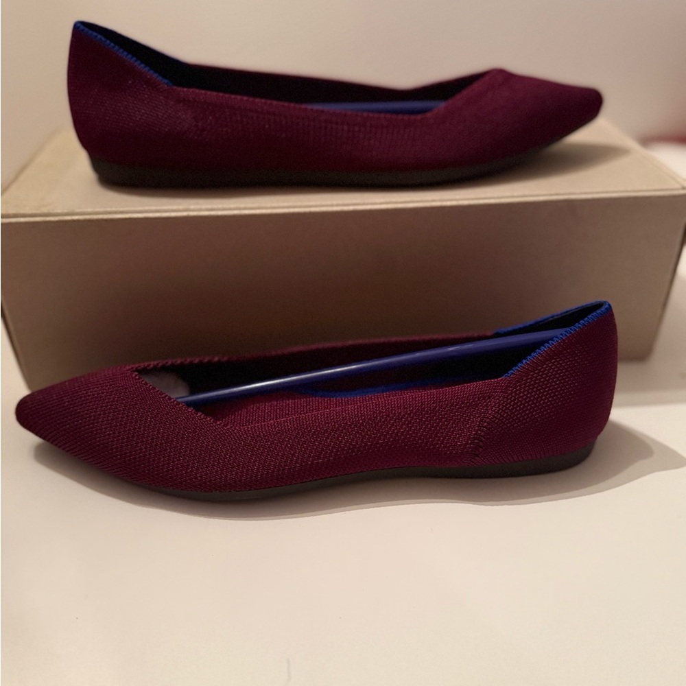Rothy's Pointed Toe Flats in Burgundy with Blue Trim